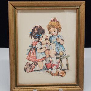 Vintage Wood Picture Frame Lithograph of Two Girls With Kitten 9x7"